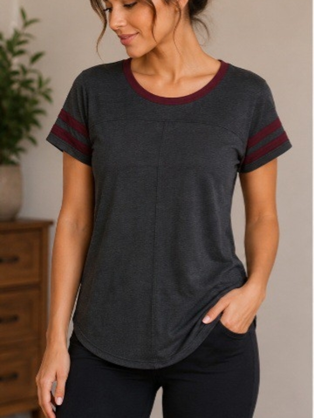 Charcoal & Burgundy Varsity Style Tee | Casual Soft Everyday Top